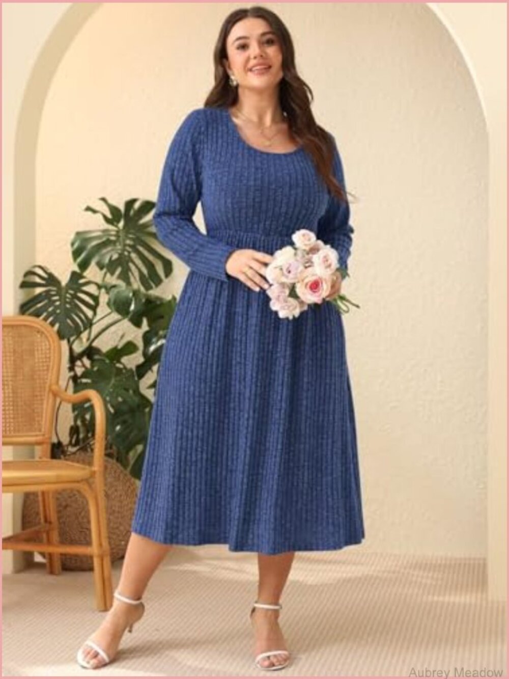 Plus Size Sweater Dress with Pockets Long Sleeve Midi Scoop Neck Casual - Picture 5 of 7